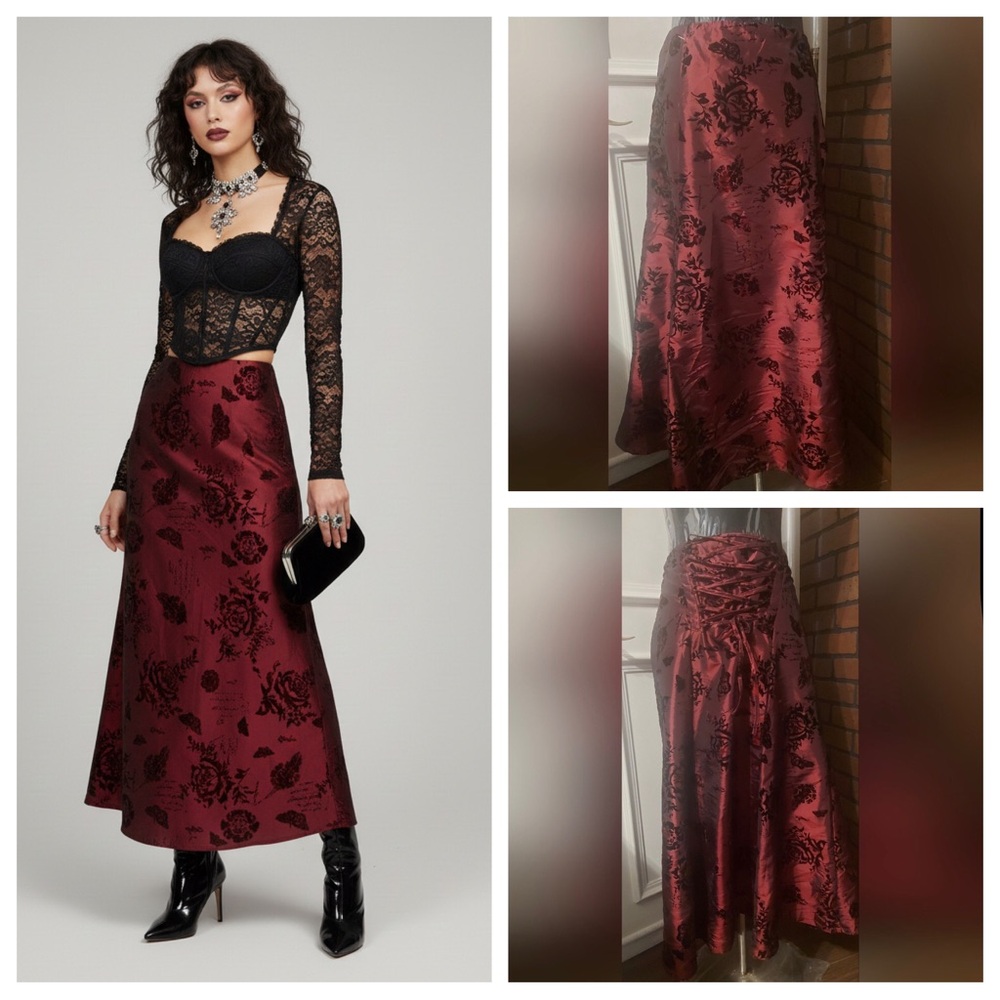 Burgundy Floral Midi Skirt Size 11 Lace Up Back